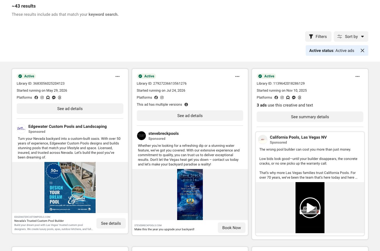 Meta Ad Library showing active ads from Edgewater, Steve Breck and California Pools