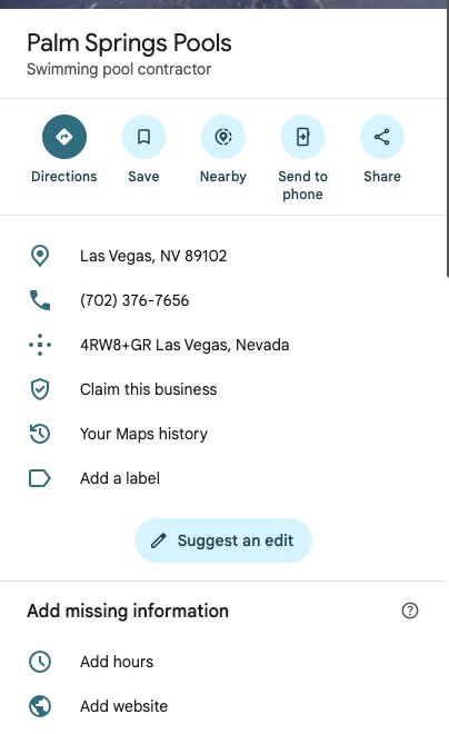 Unclaimed Google Maps listing for Palm Springs Pools with no reviews, hours or website