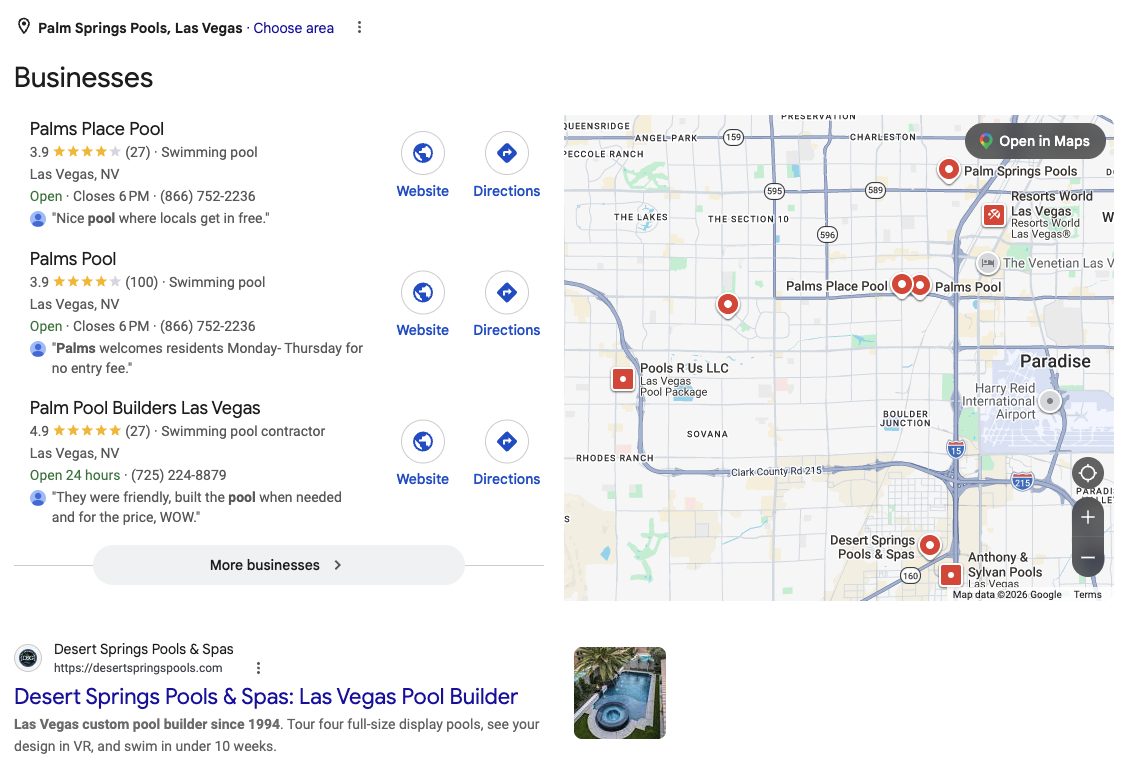 Google results for Palm Springs Pools Las Vegas showing Palms casino pools and Palm Pool Builders